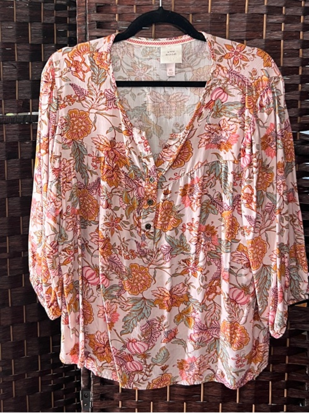 Knox Rose Pink Floral V-Neck Blouse with Orange Accents
